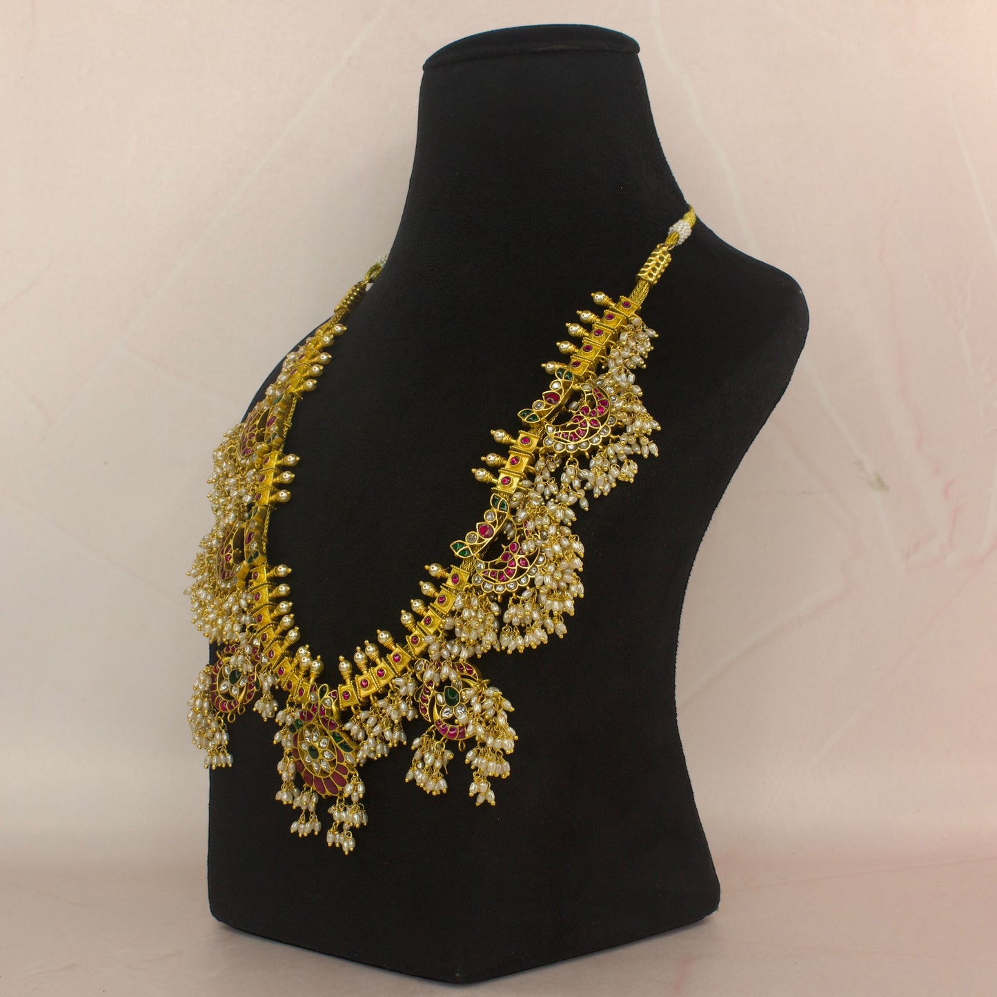 Chandbali shaped jadau kundan Guttapusalu necklace with 22k gold plating