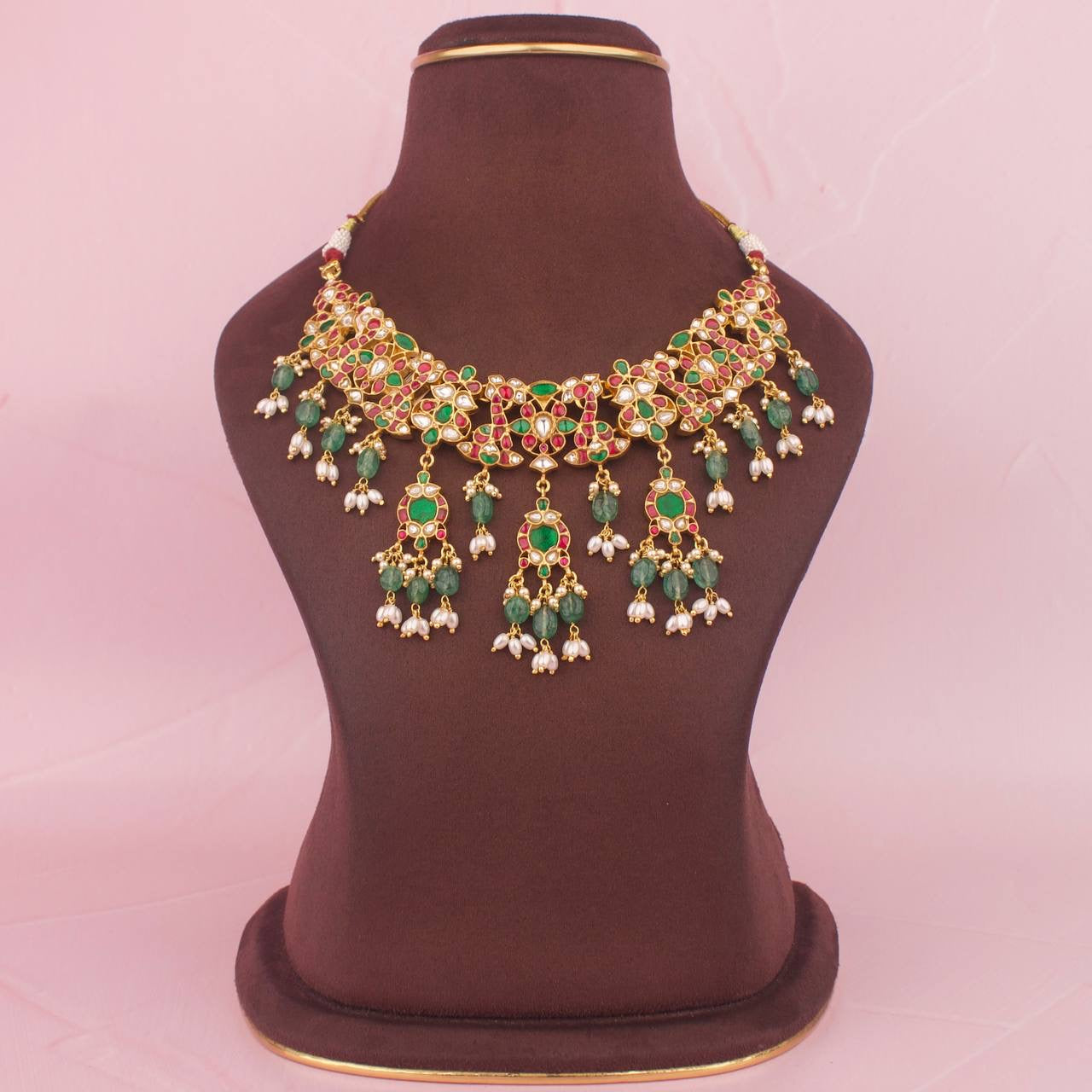 Pure 92.5 Gold Coating Jadau Kundan Necklace With Guttapusalu Hangings