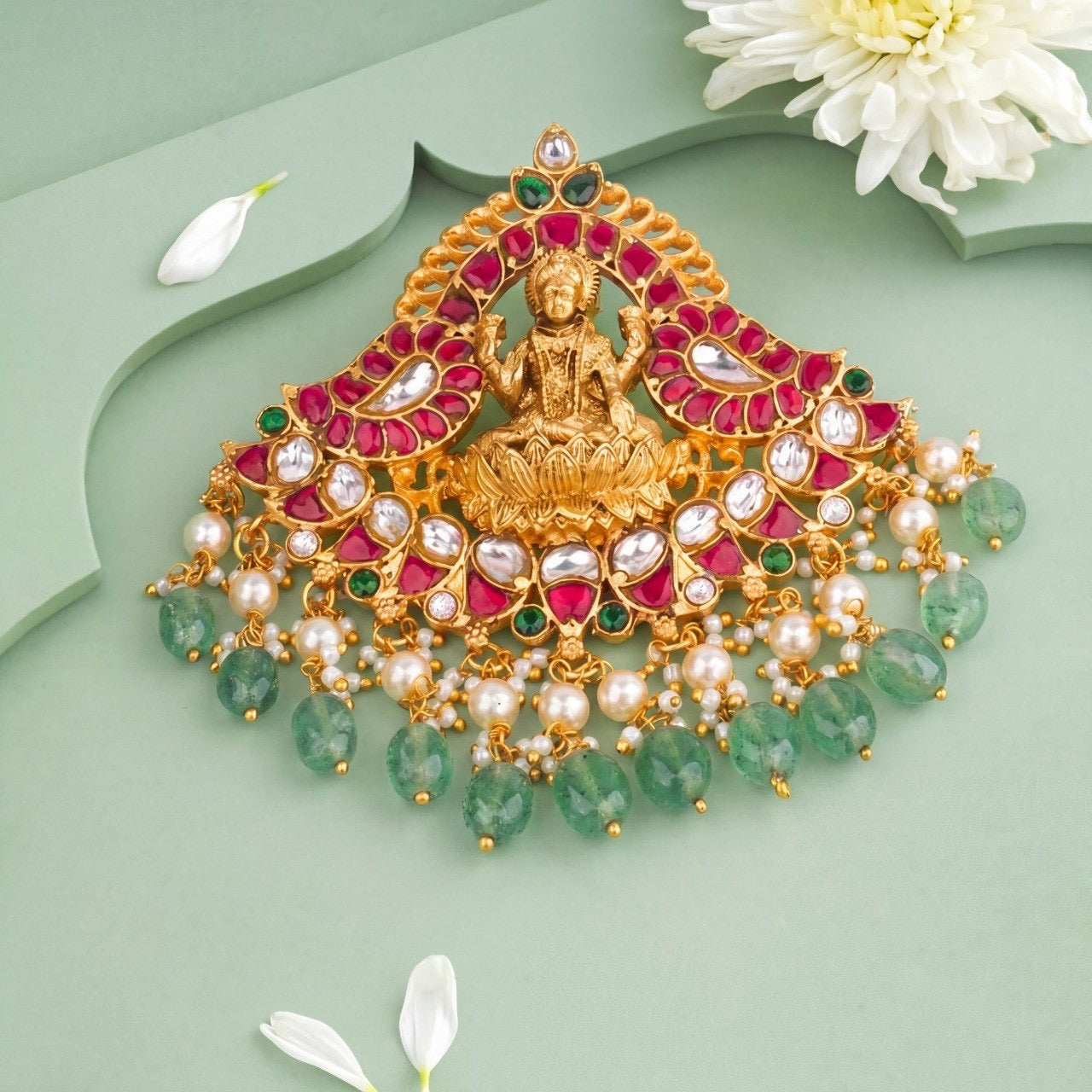 Divine Laxmi Devi Jadau Kundan Necklace With Pearl & Bead As Droplet
