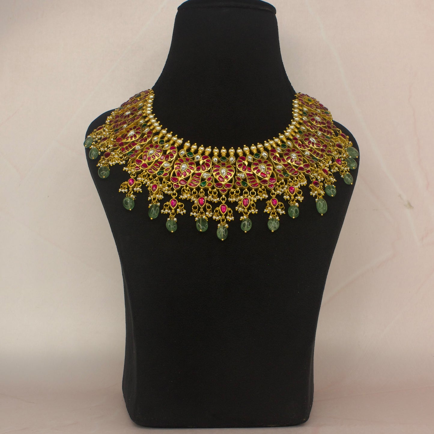 Grand bridal Jadau kundan necklace with green beads & kundan drops