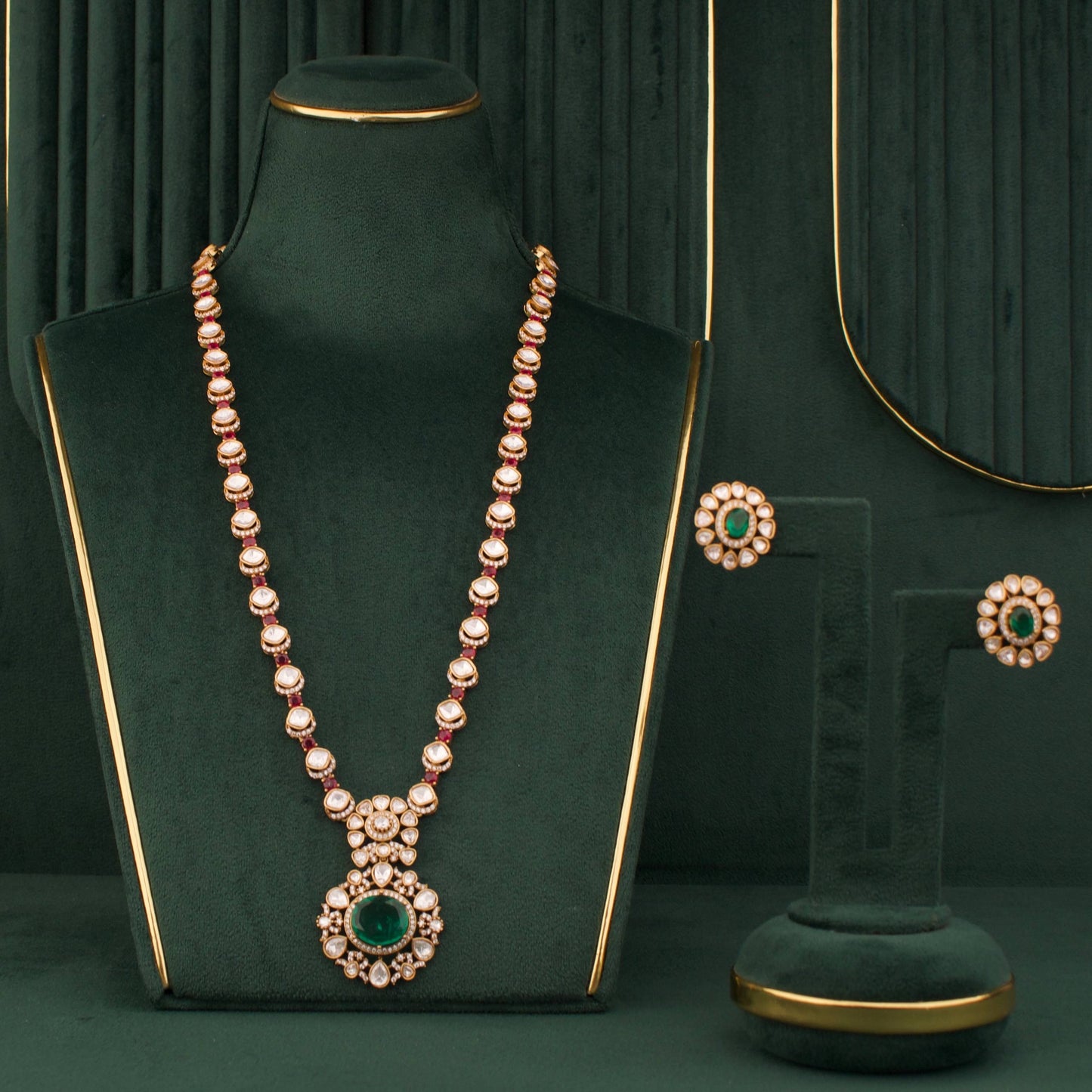 Elegant Emerald Polki Long Necklace With Pendant And Stud Earrings