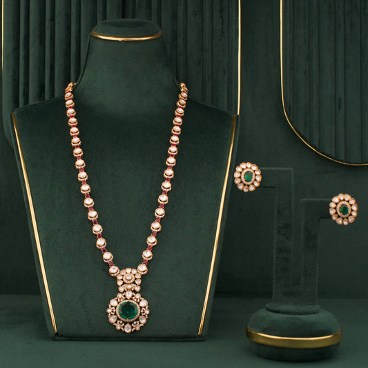 Elegant Emerald Polki Long Necklace With Pendant And Stud Earrings