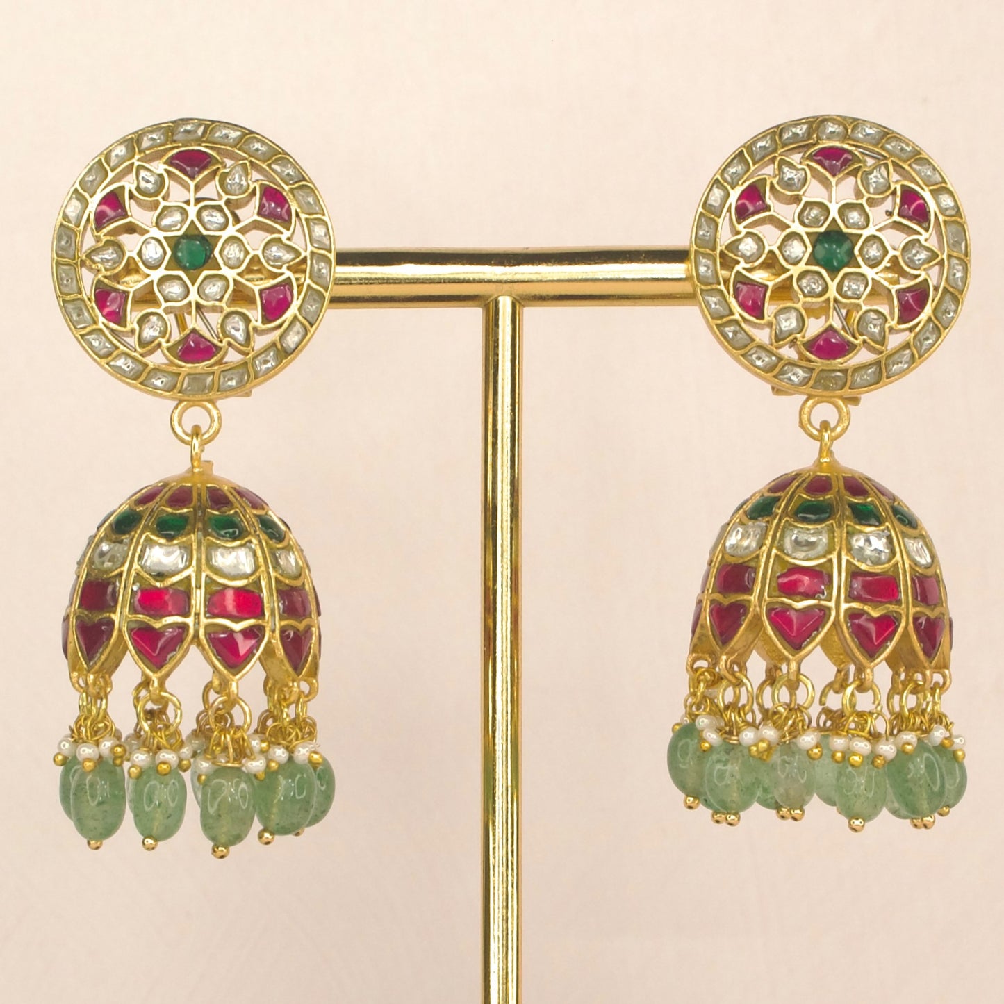 Regal Grandeur Ruby & Emerald Jadau Kundan Jhumka earrings with 22k Gold plating