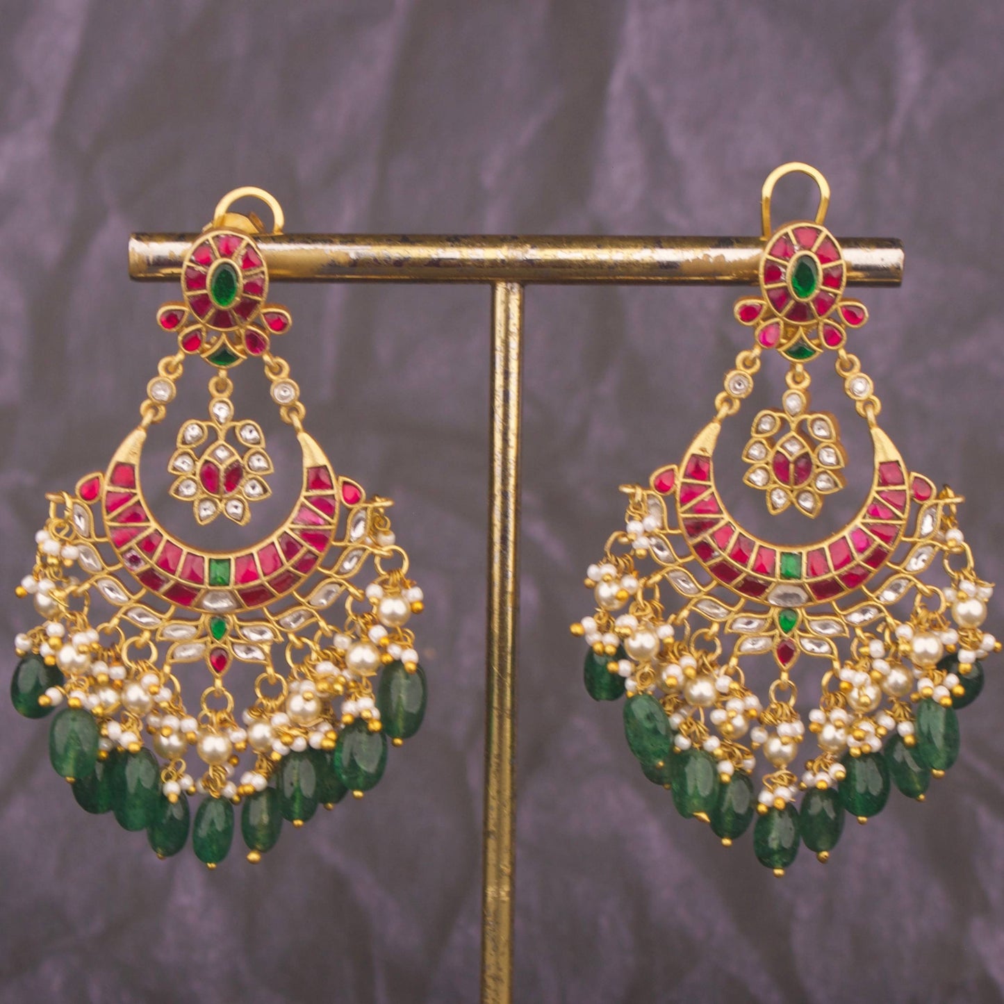 Royal Jadau Kundan Chandbali Earrings With Emerald Beads