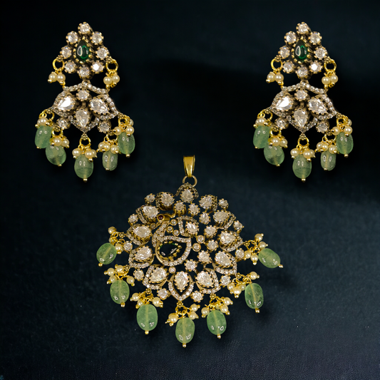 Floral Victorian Pendant Set with peacock motif & Hook. This Victorian Jewellery Is available in Red & Green colour varaiants. 