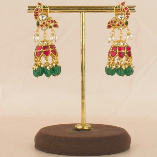 Peacock Design Studded Jadau Kundan Jhumki with Beads
