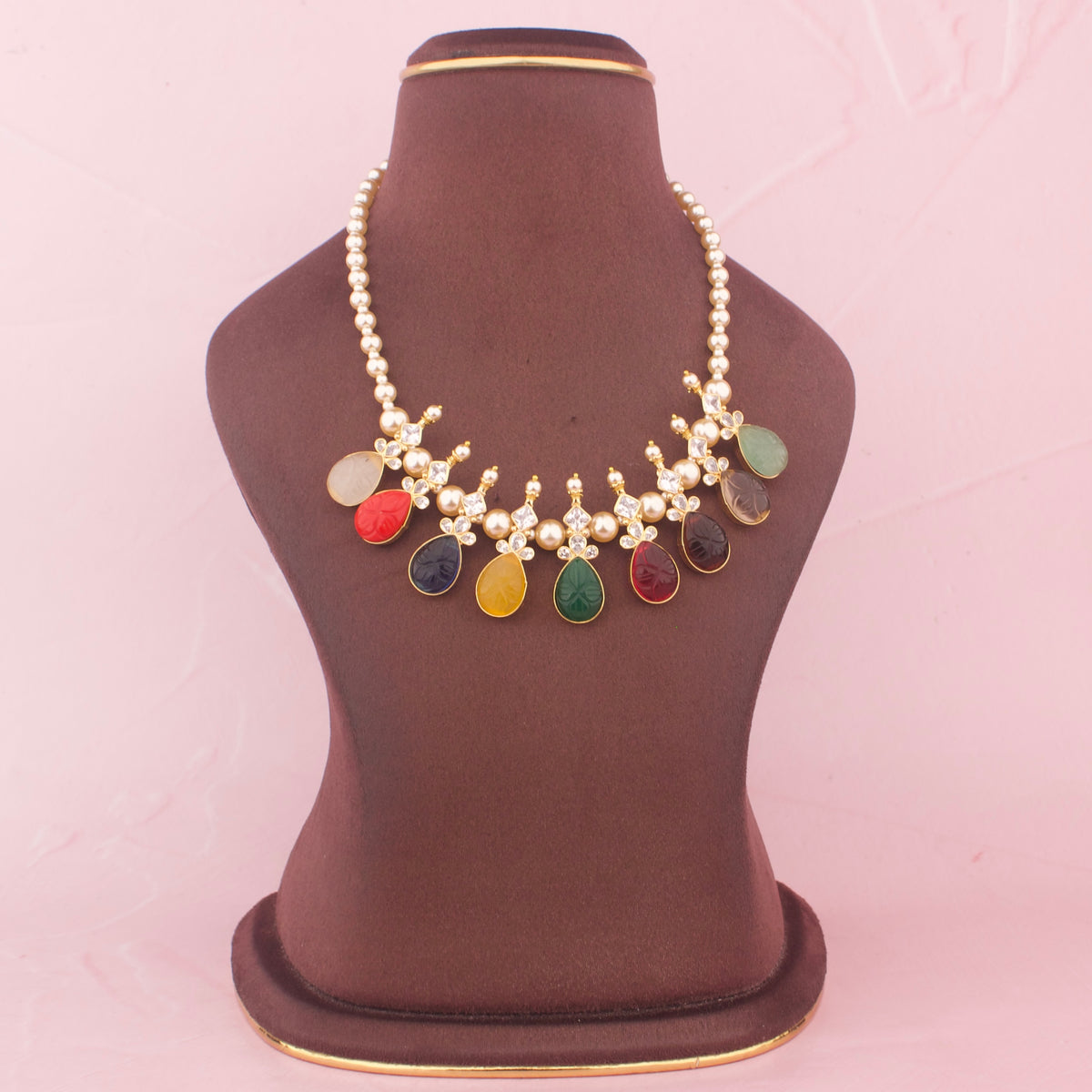 Navratna Necklace Set With Multicolor Stone Drops And Pearl Detailing