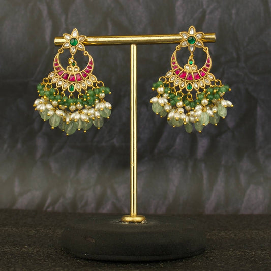 Floral Studded Jadau Kundan Guttapusalu Chandbali Earrings