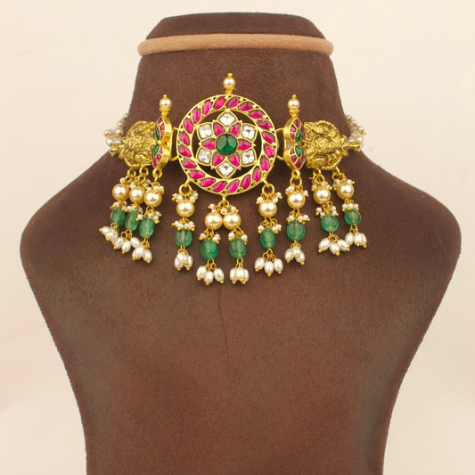 Gold Style Jadau Kundan Choker With Pearl Chain