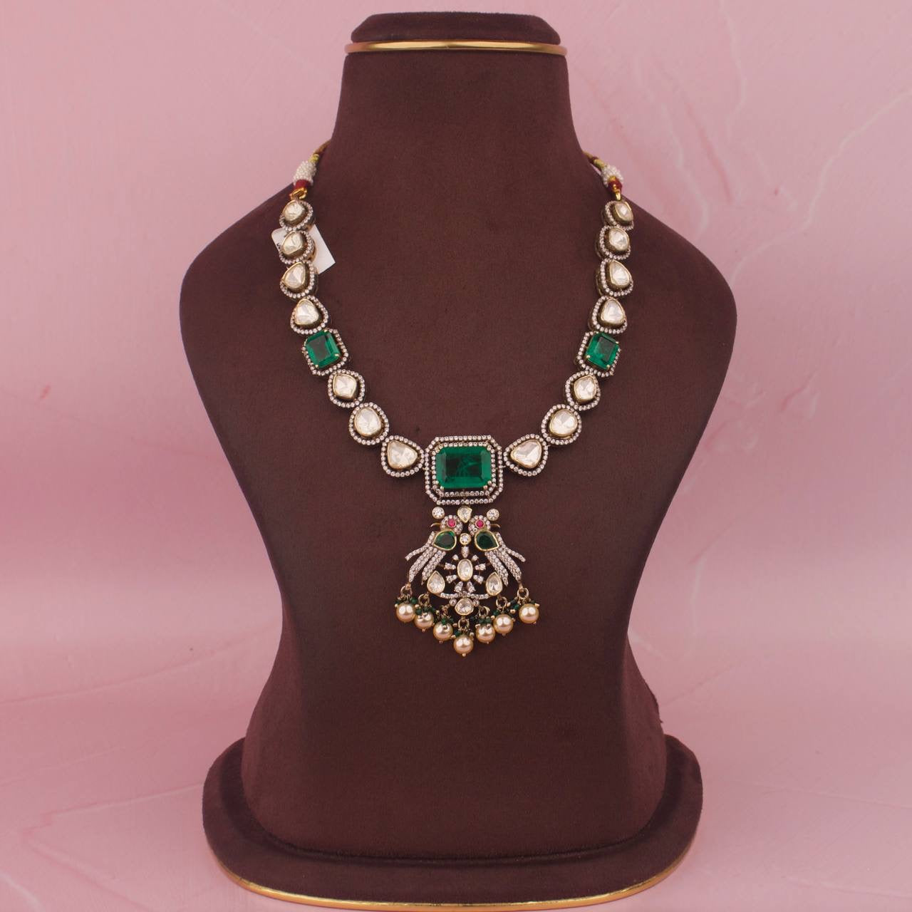 Pure 925 Silver Moissanite Polki Victorian Necklace