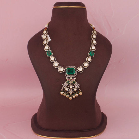 Pure 925 Silver Moissanite Polki Victorian Necklace