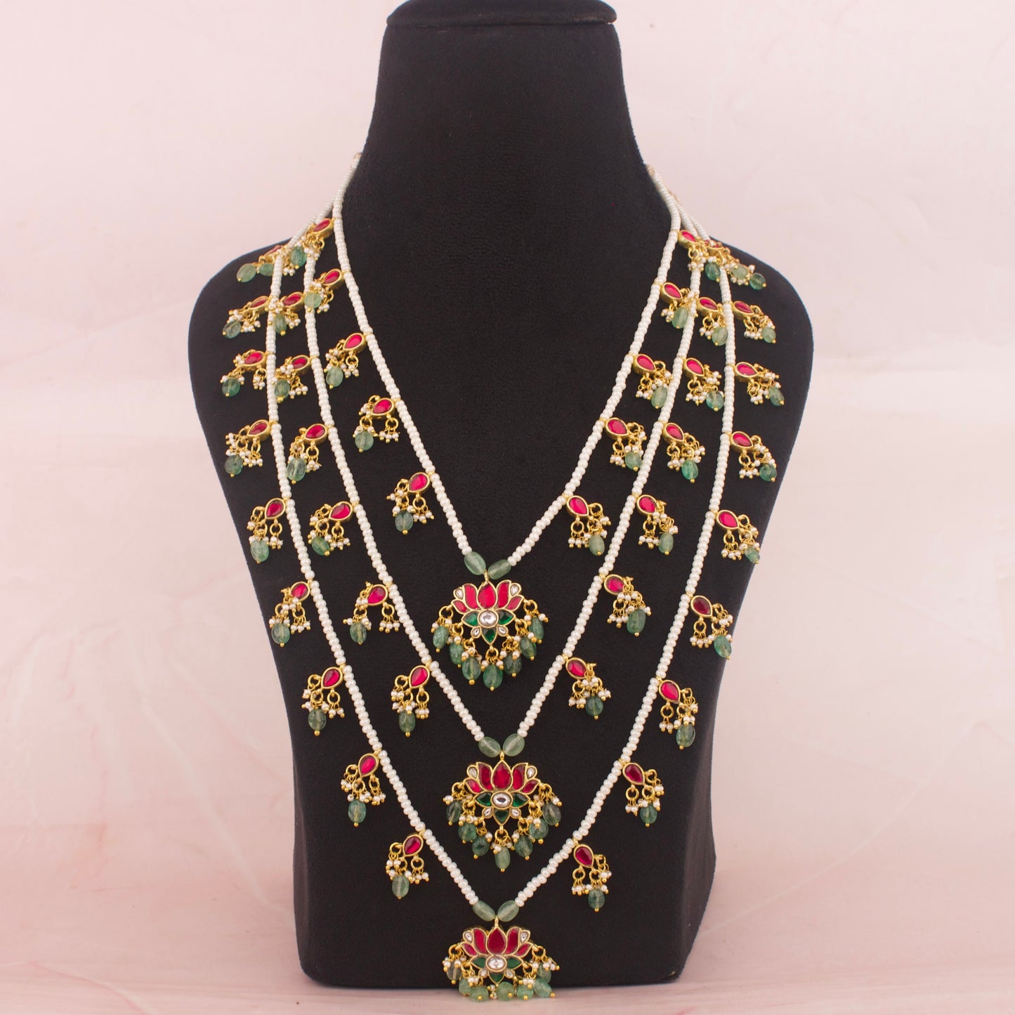 Traditional Jadau Kundan Layer By Layer Haram / 3 Lada In lotus Design