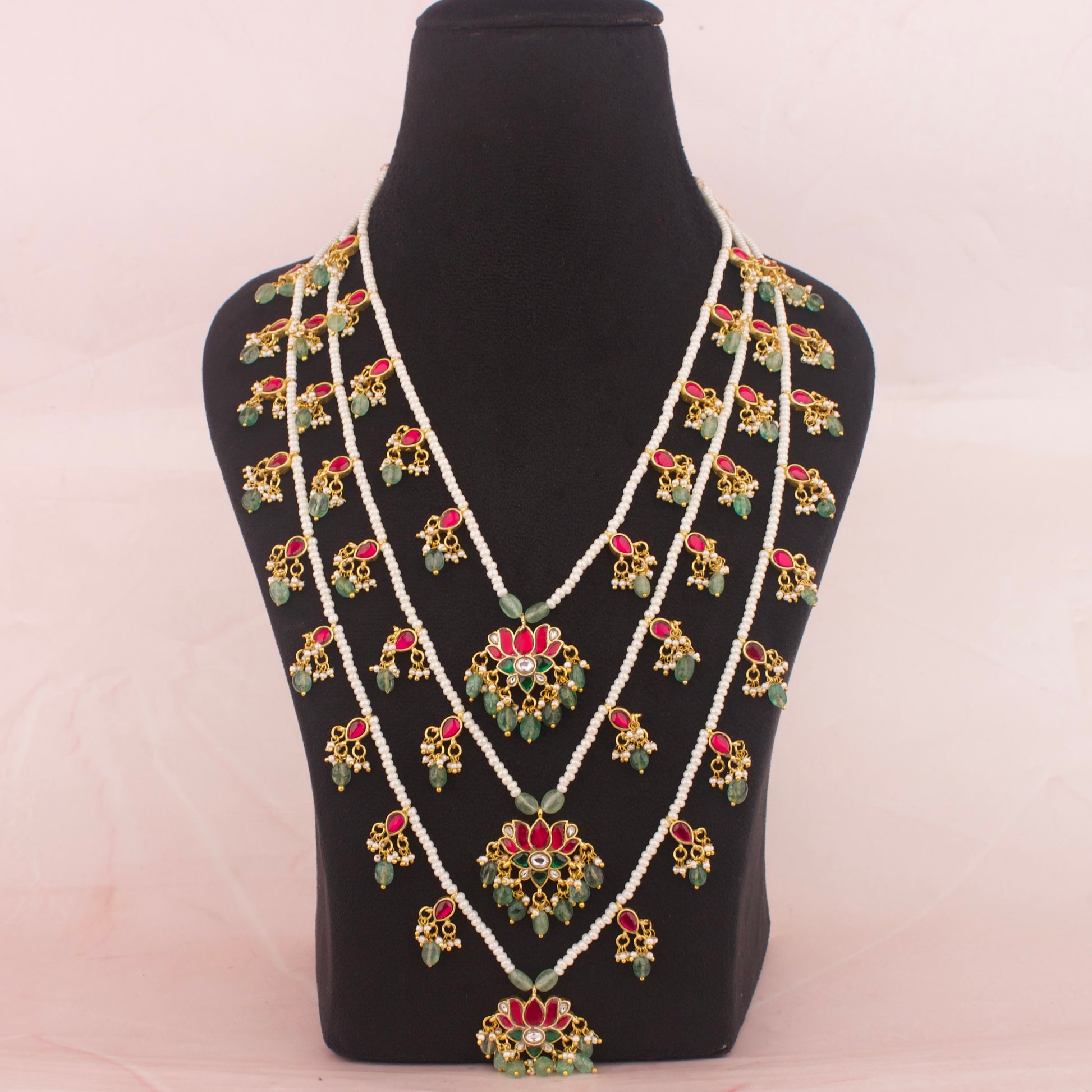 Traditional Jadau Kundan Layer By Layer Haram / 3 Lada In lotus Design