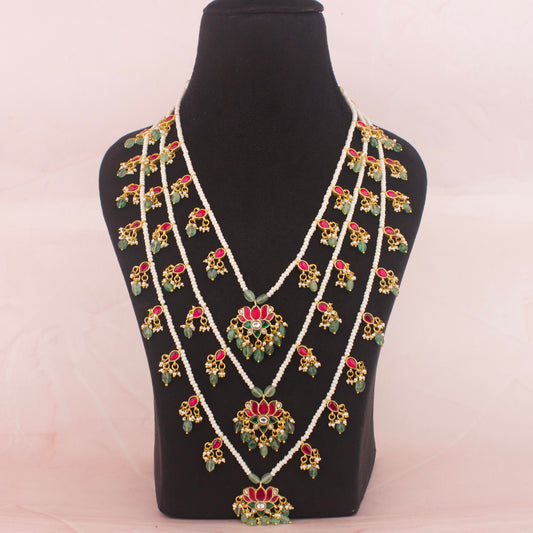 Traditional Jadau Kundan Layer By Layer Haram / 3 Lada In lotus Design