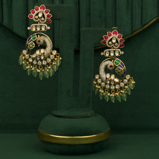 Floral Studded Peacock Design Chandbali Earrings