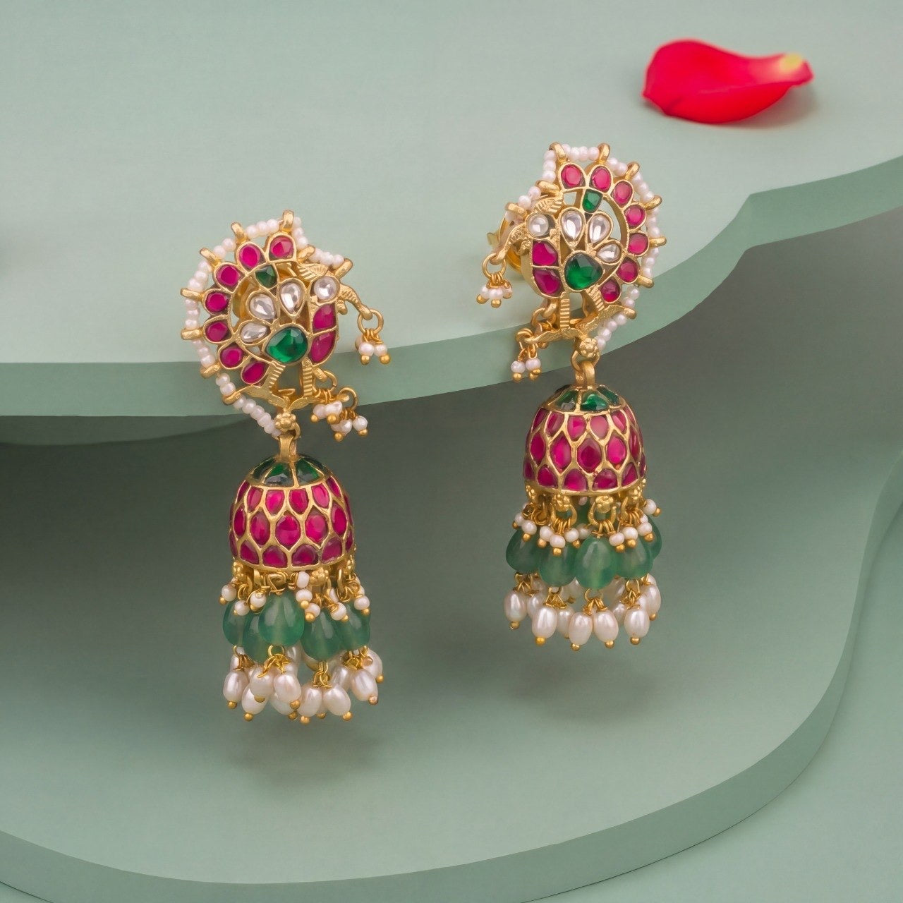 Peacock Motif Jhumka Earrings With Emerald Beads And Pearls