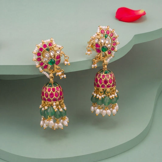 Peacock Motif Jhumka Earrings With Emerald Beads And Pearls