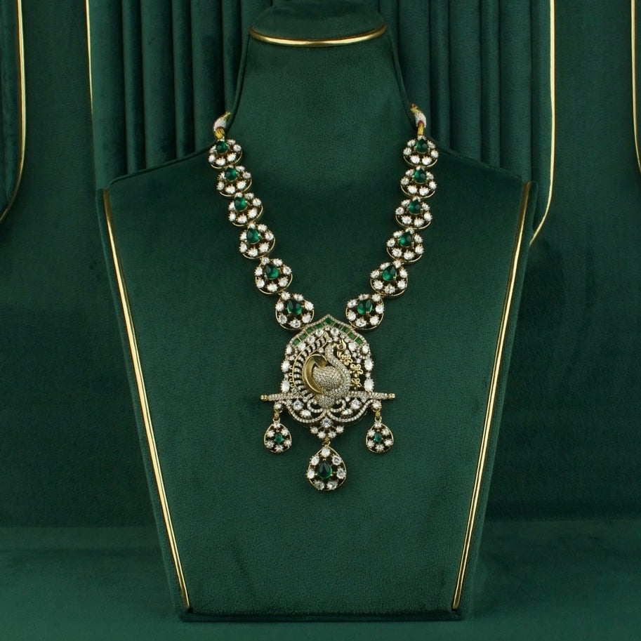 Opulent Victorian Polki Necklace Set with Peacock Motif