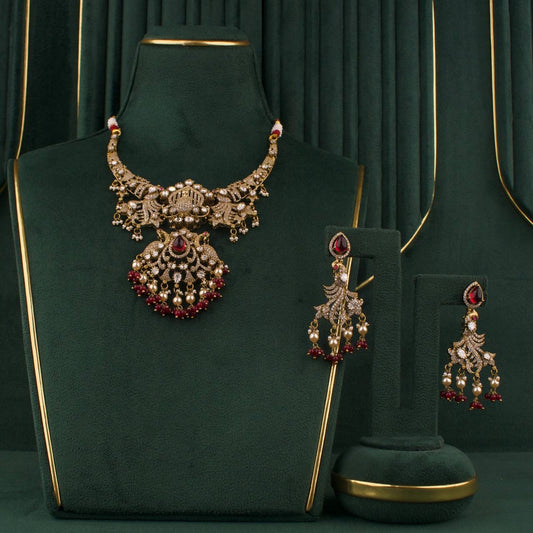 Handcrafted detail view of Peacock Design Polki Victorian Short Necklace / Kanti With Matching