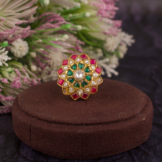 Jadau Kundan finger ring with lotus cut Design - DULHAN JEWELS
