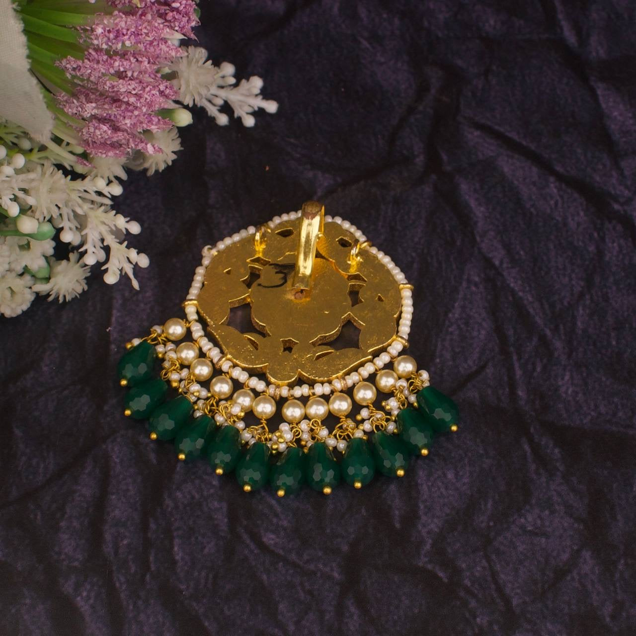 Moissanite Polki Pendant With Green Beads As Hangings