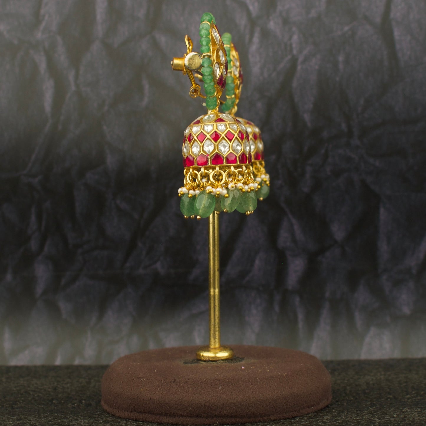 Sparkling Peacock Design Jadau Kundan Jhumka With Beads Hangings