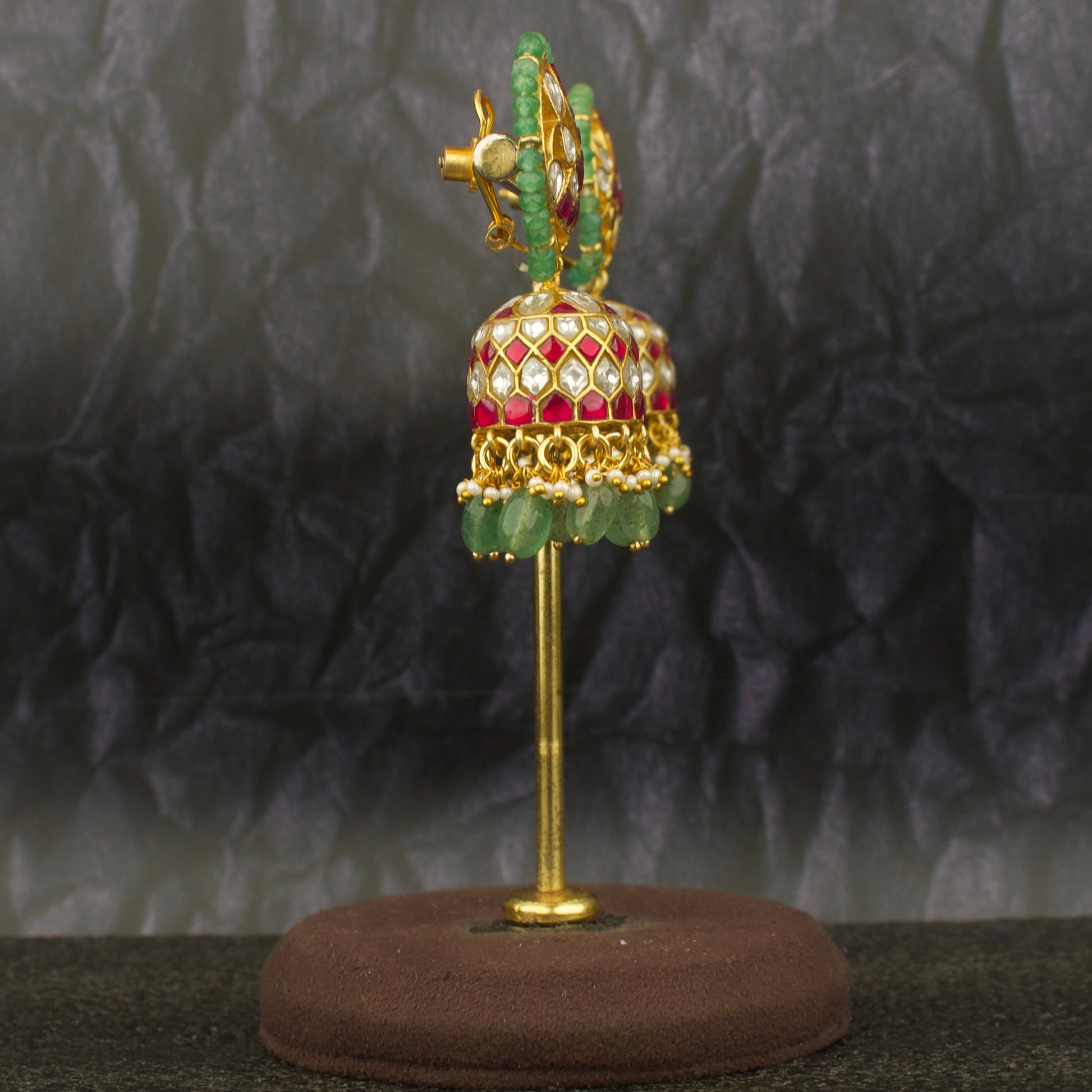Sparkling Peacock Design Jadau Kundan Jhumka With Beads Hangings