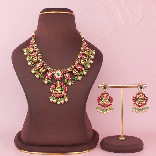 Designer Jadau Kundan Temple Necklace Set With Lakshmi Devi Pendant