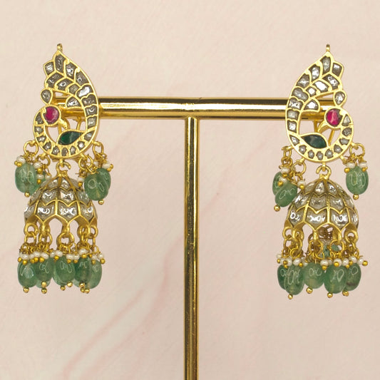 Peacock Elegance Jadau Kundan Jhumkas with Emerald Drops