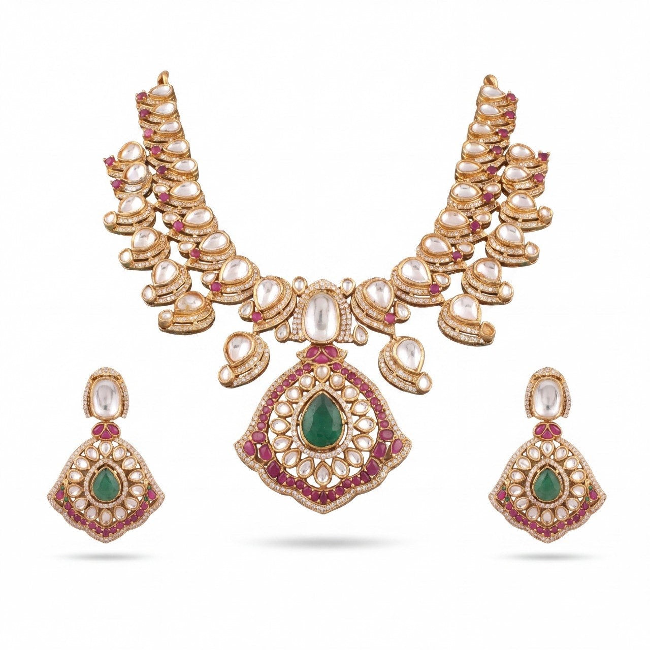 Victorian Polki Necklace Set With Green Pendant And Matching Earrings
