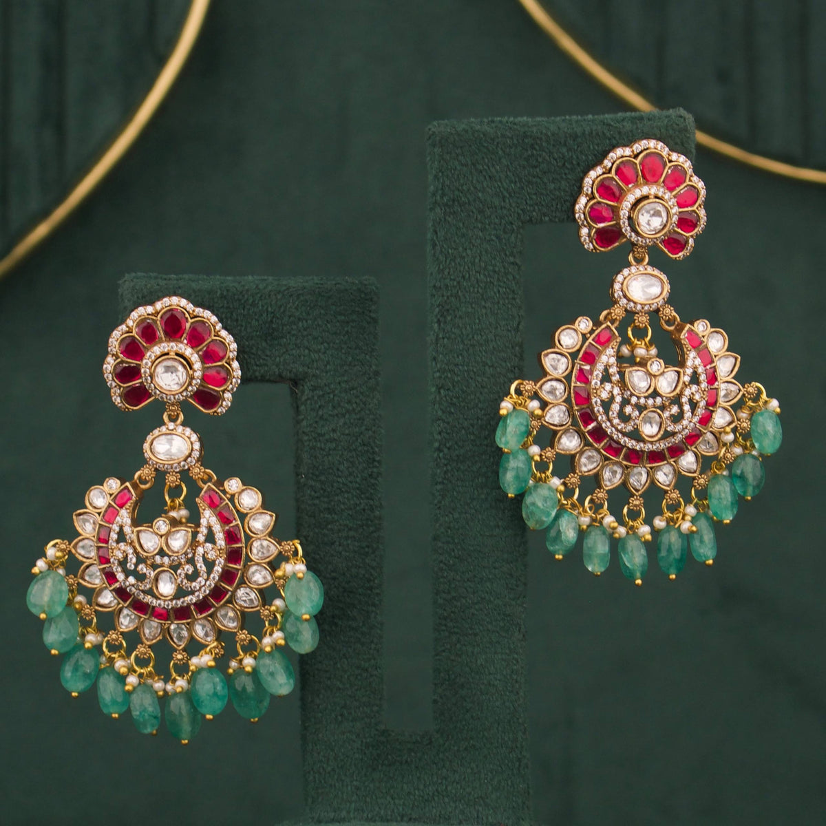 Opulent Victorian Chandbali Earrings With Strawberry Beads