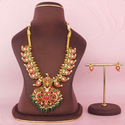 Opulent Jadau Kundan Mango Haram With Peacock Pendant And Green Drops