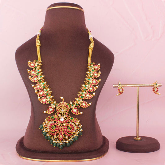 Opulent Jadau Kundan Mango Haram With Peacock Pendant And Green Drops
