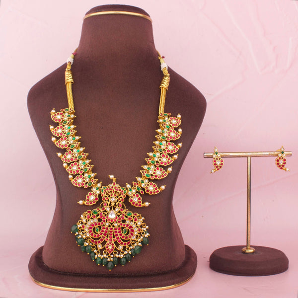 Opulent Jadau Kundan Mango Haram With Peacock Pendant And Green Drops