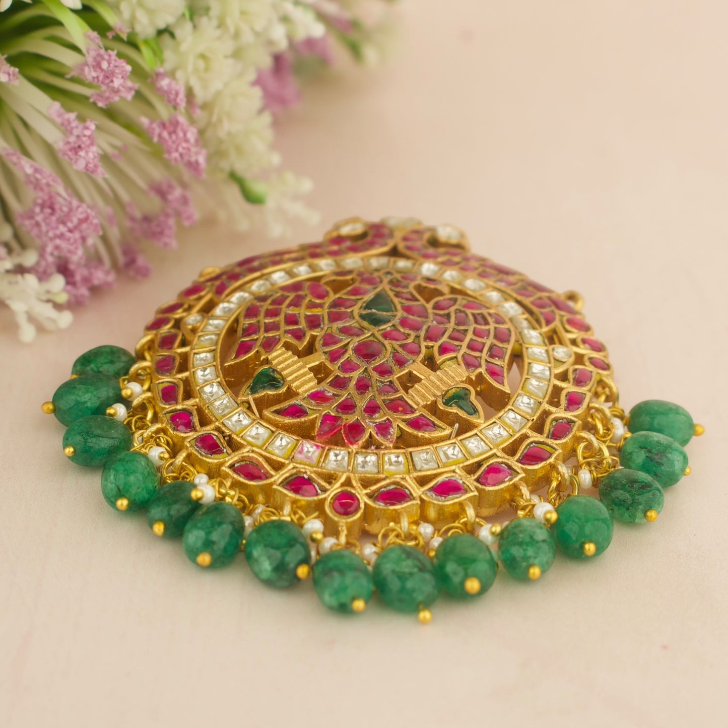 Majestic Jadau Kundan Locket with Peacock  design & Russian Beads Hanging