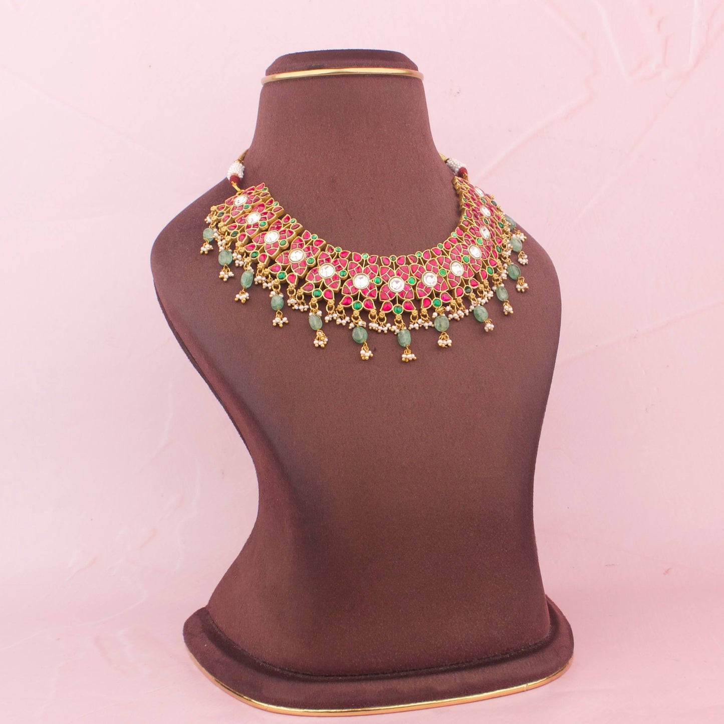 Side Angle & Craftsmanship View of Refined Multi Colored Jadau Kundan Necklace With Matching Earrings | Dulhan Jewels