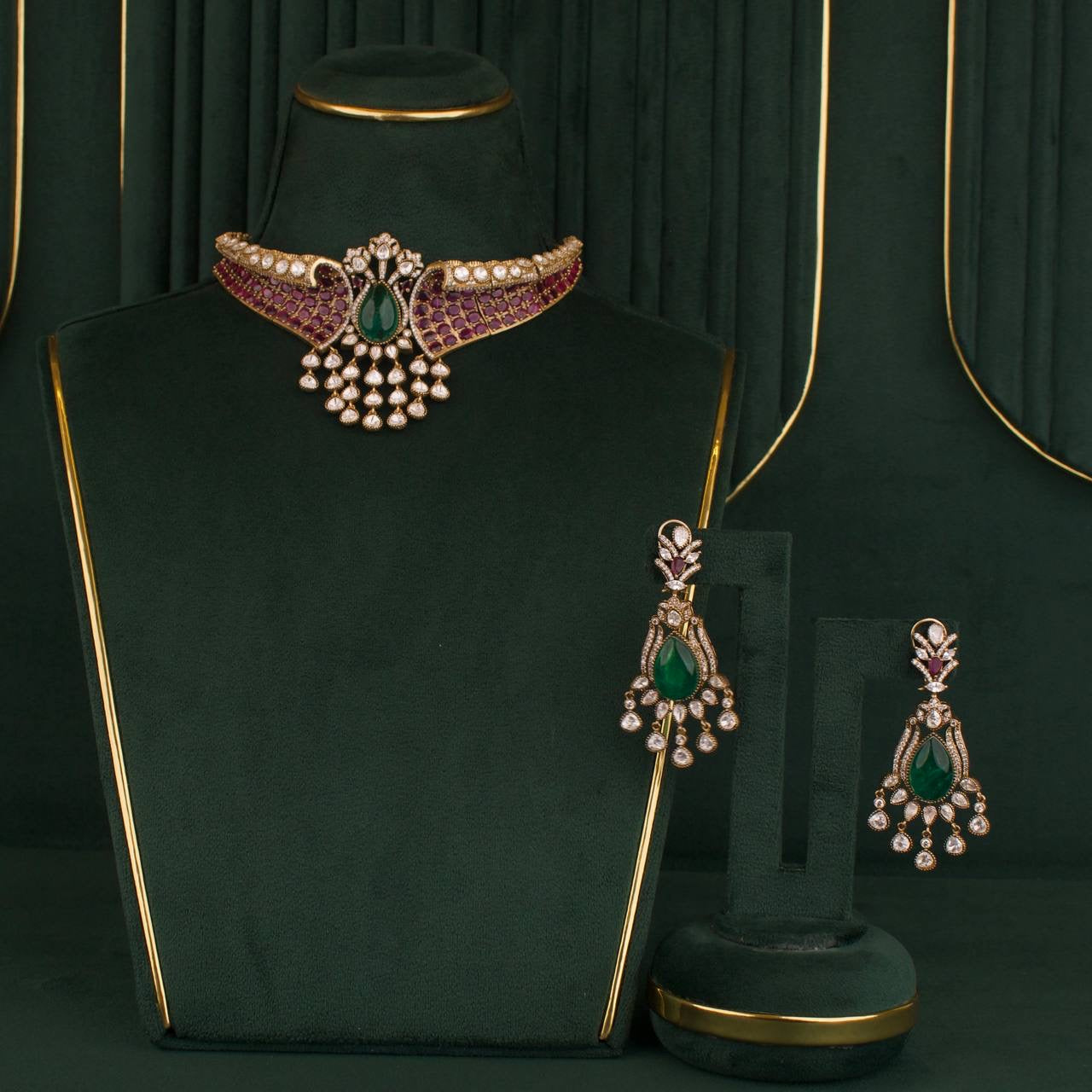 Designer Victorian Finish Polki Choker Set With Earrings
