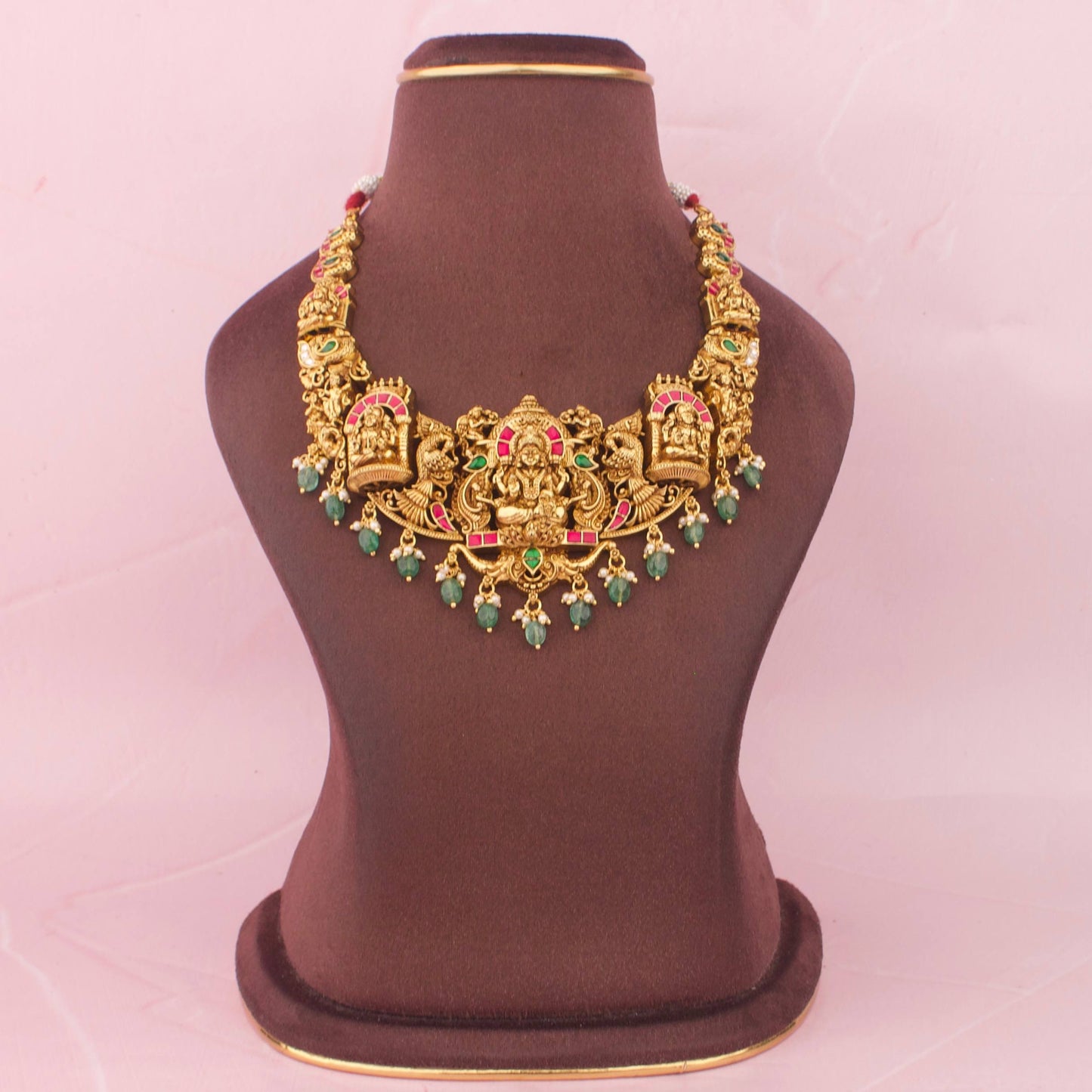 Jadau Kundan Lakshmi Temple Necklace Set With Green Beads