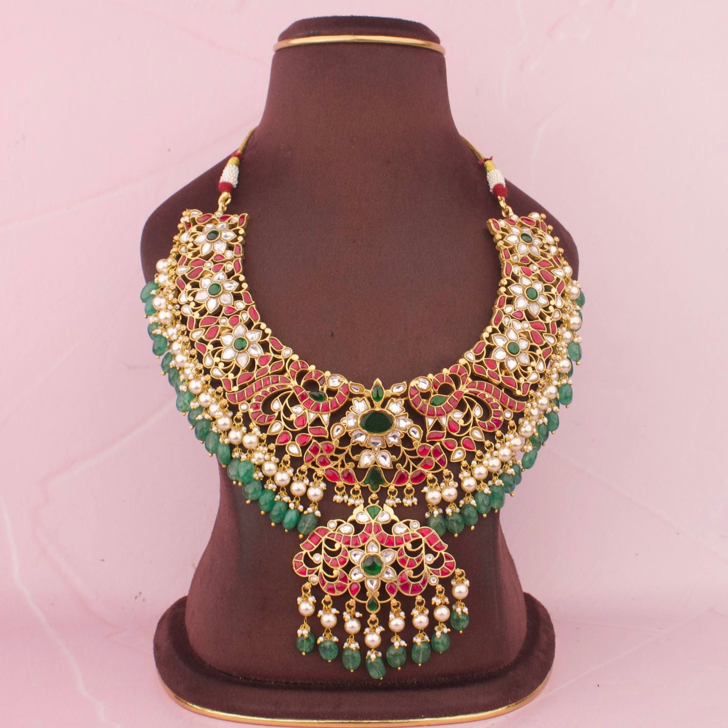 Heritage Peacock Jadau Kundan Bridal Necklace With Ruby Stones And Emerald Pendant