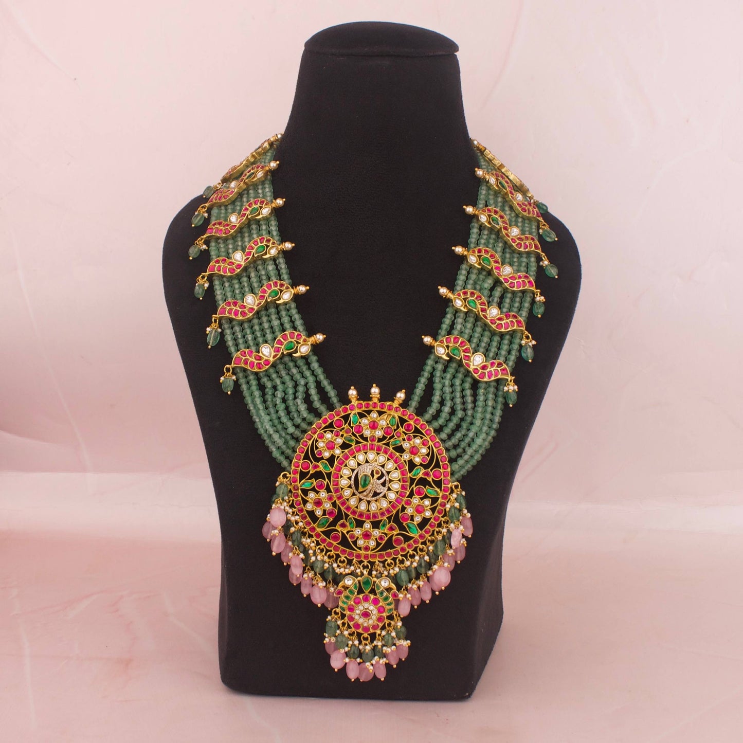 Handmade Jadau Kundan Long Rani Haar With Green Beads & Swarovski Chain