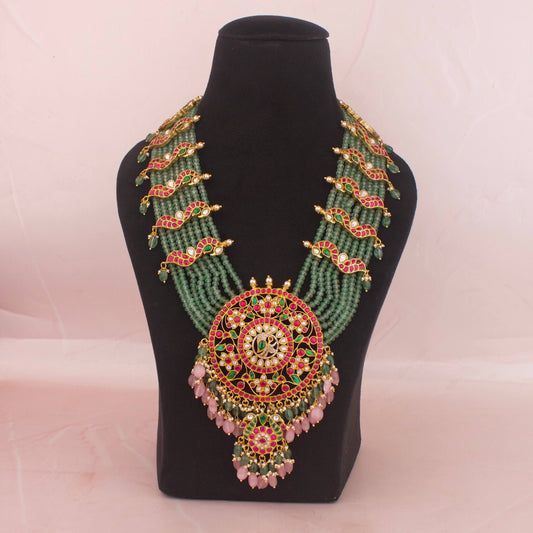 Handmade Jadau Kundan Long Rani Haar With Green Beads & Swarovski Chain