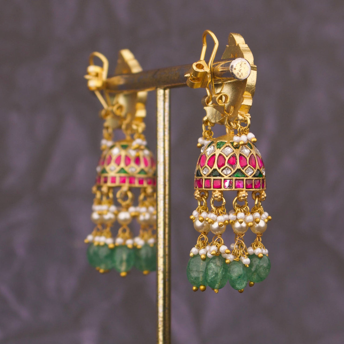 Bridal Jadau Kundan Jhumki With Pearl & Bead Droplets - Alternate View 1
