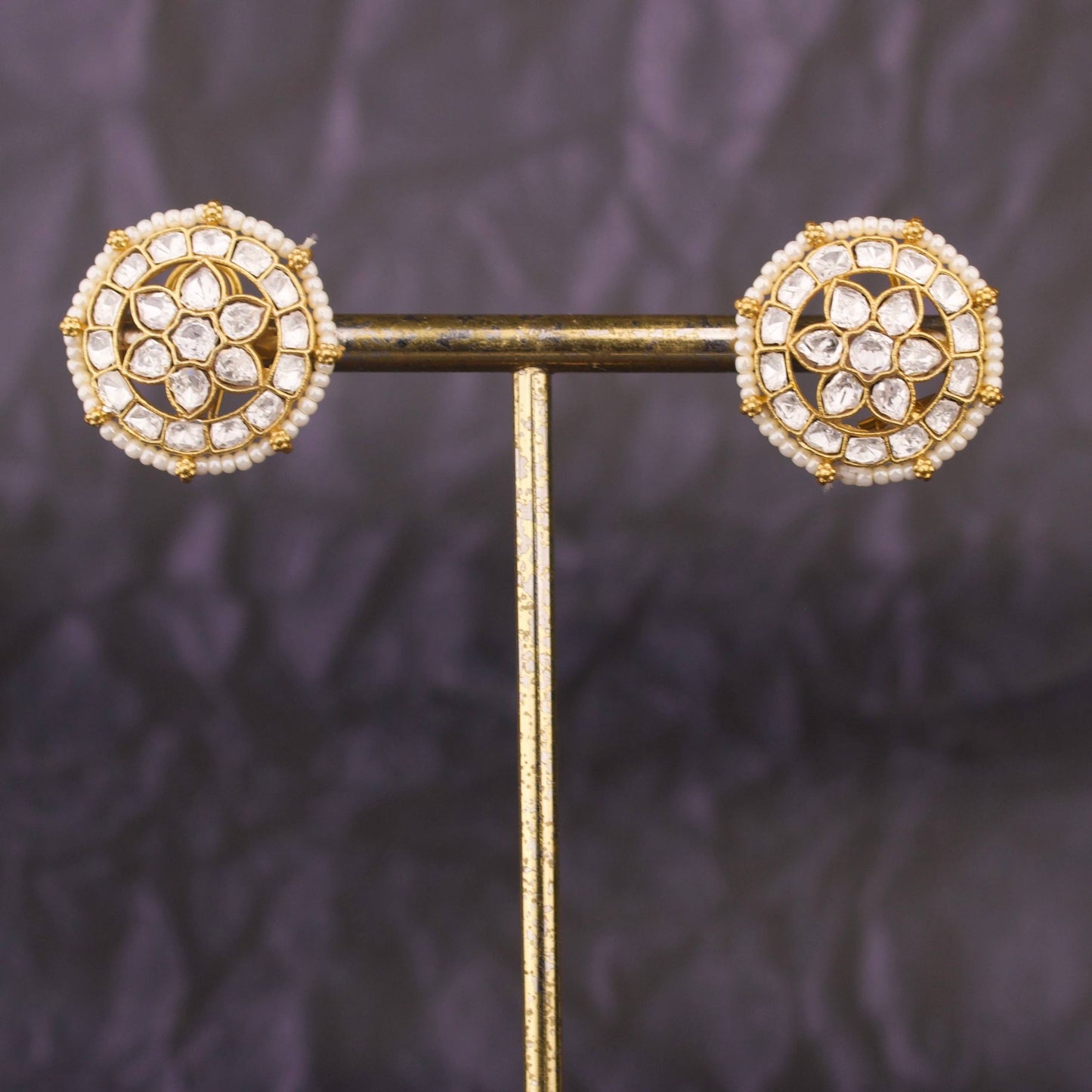 Classic Kundan Pearl Stud Earrings With Floral Design