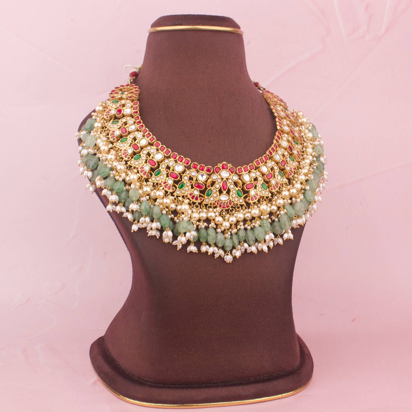 Close-Up Detail View of Bridal Peacock Design Jadau Kundan Necklace with Green Beads | Dulhan Jewels