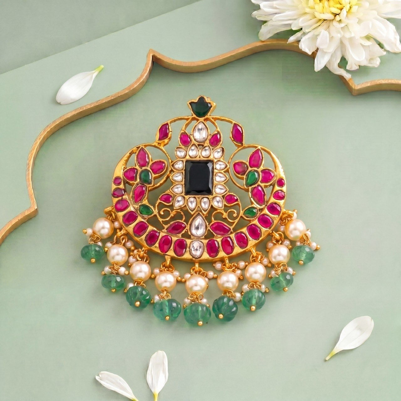 Traditional Jadau Kundan Locket With Green Beads