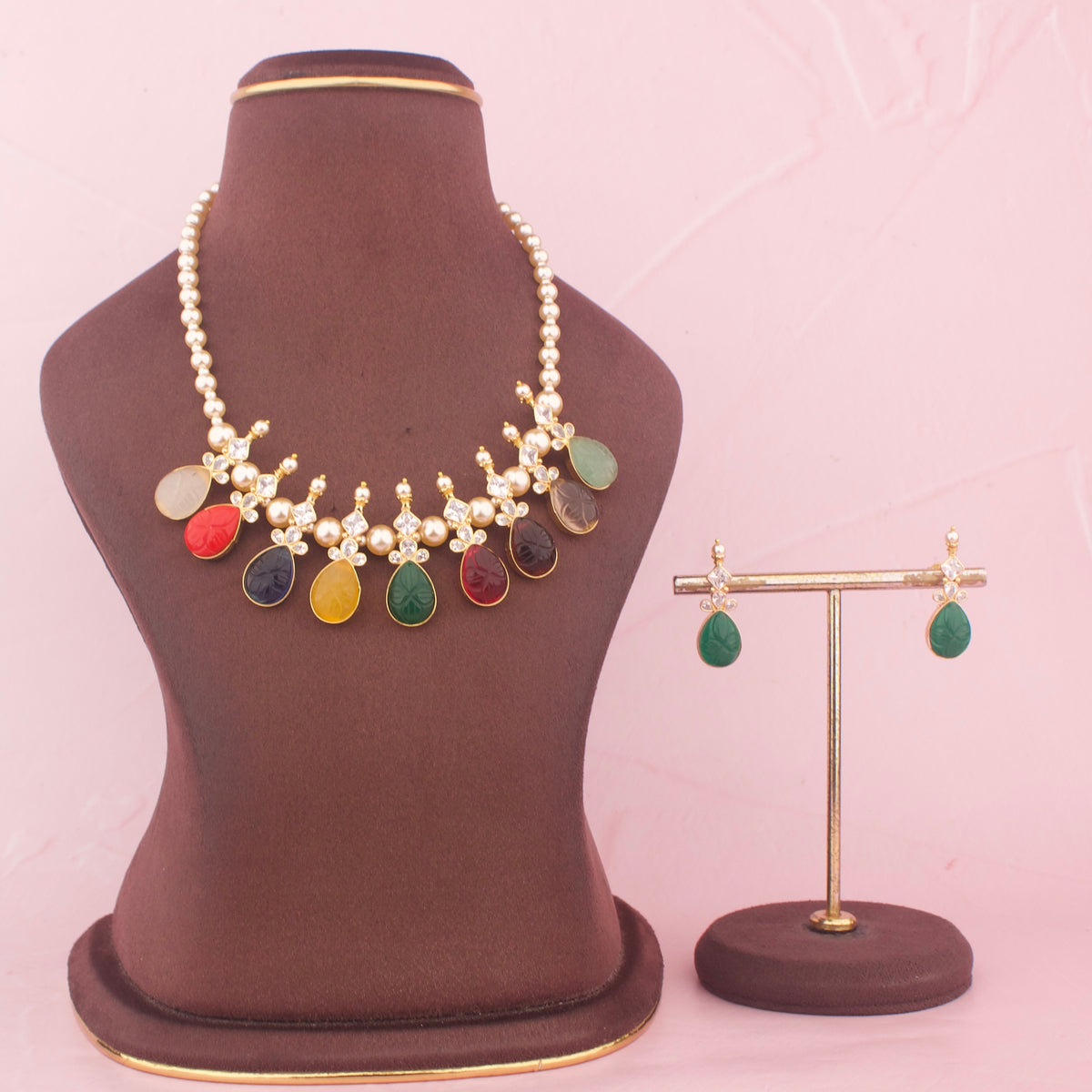 Navratna Necklace Set With Multicolor Stone Drops And Pearl Detailing