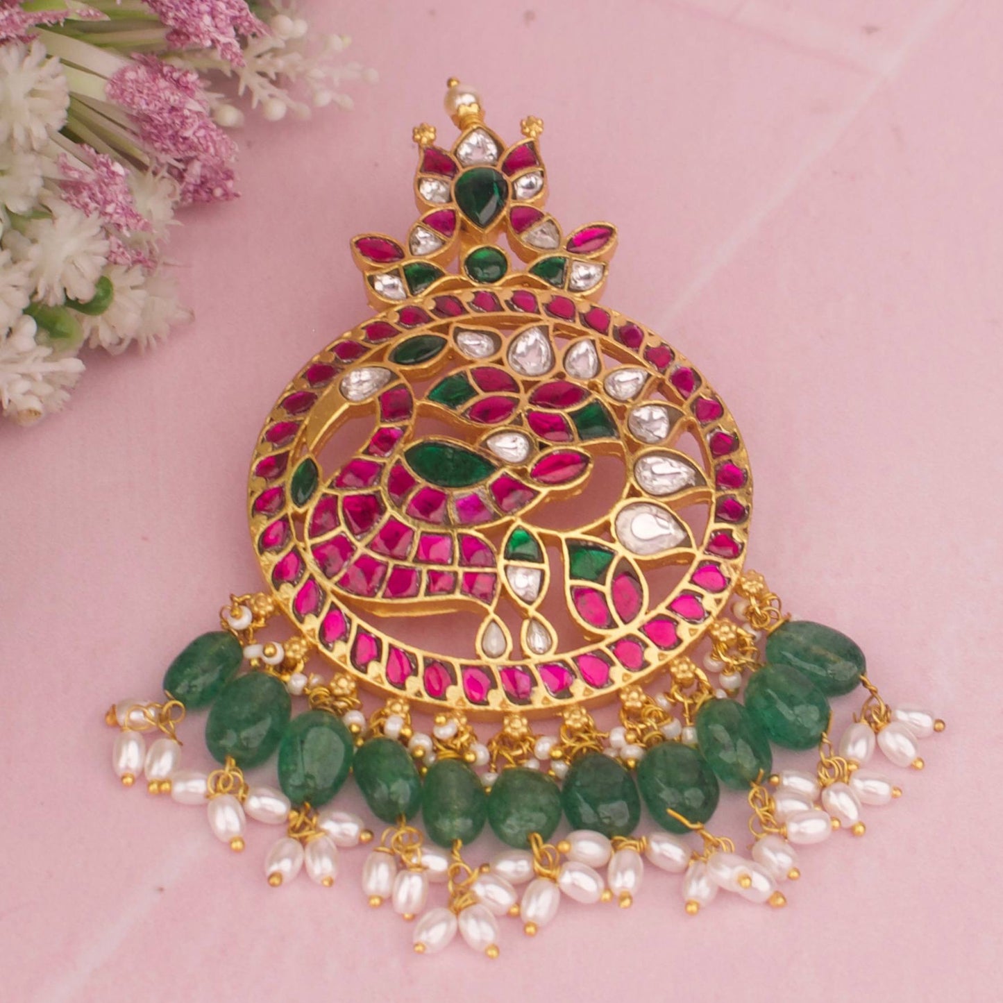 Bridal Jadau Kundan Pendant With Guttapusalu Hangings