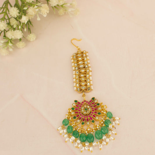 Floral Design Jadau Kundan Gold Style Long Maang Tikka