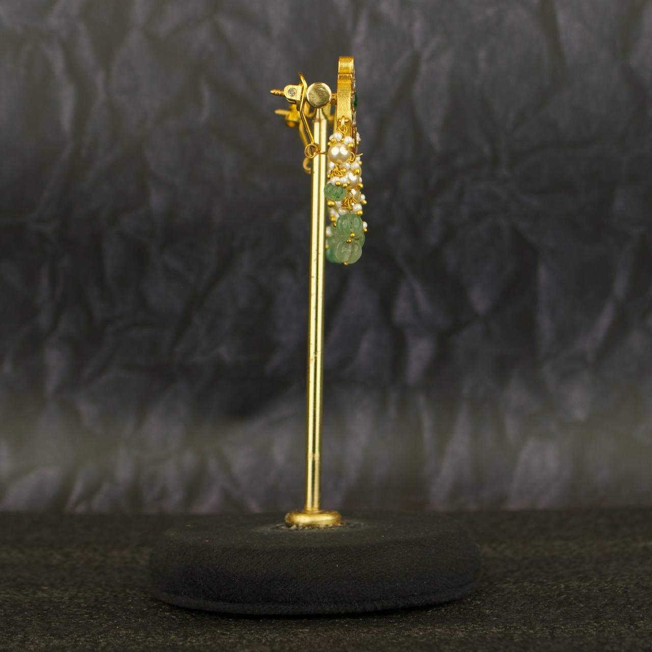 Floral Studded Jadau Kundan Ear Studs With Pearls & Beada Hanging
