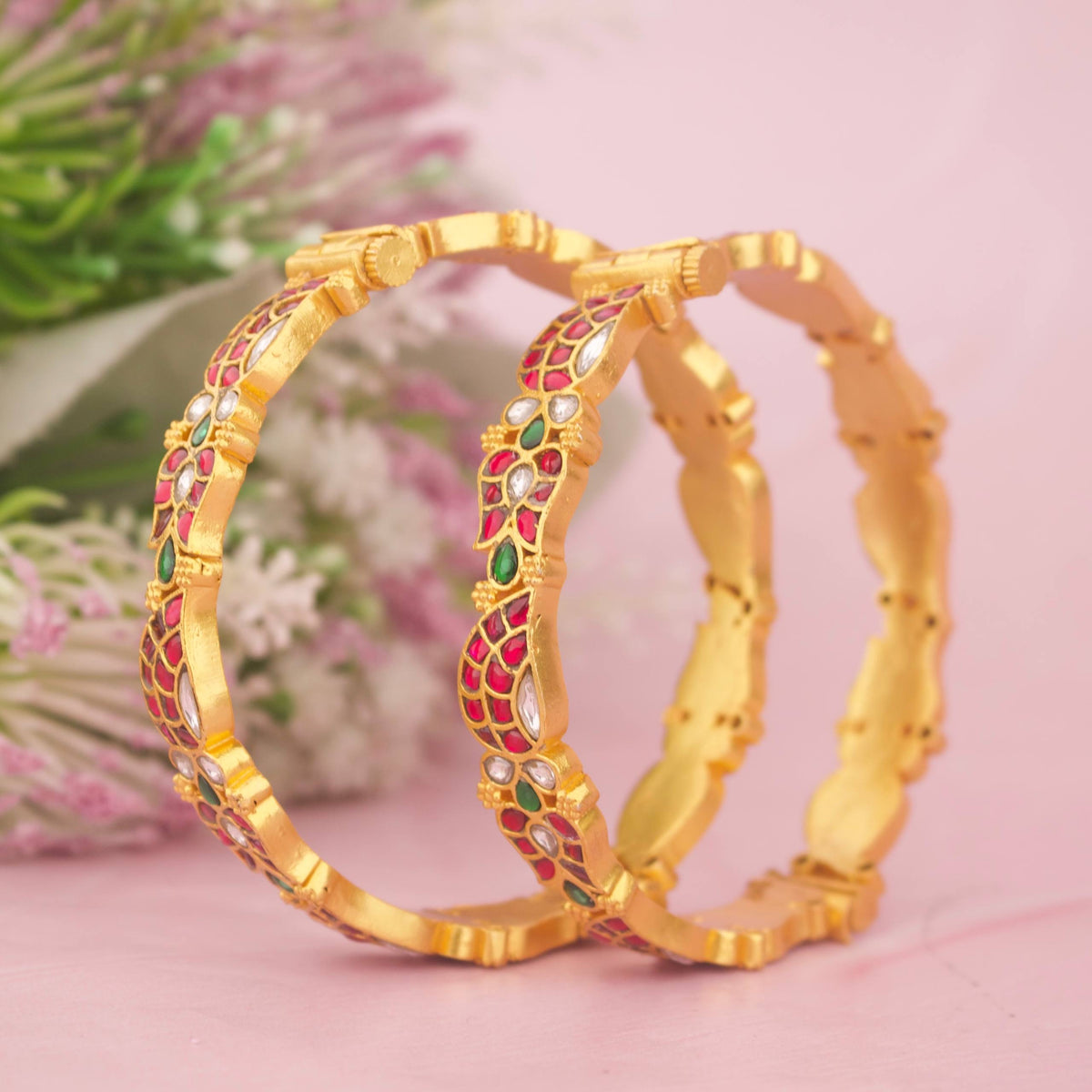 Elegant Gold Style Jadau Kundan Bangles Styling Angle View 4 - Dulhan Jewels